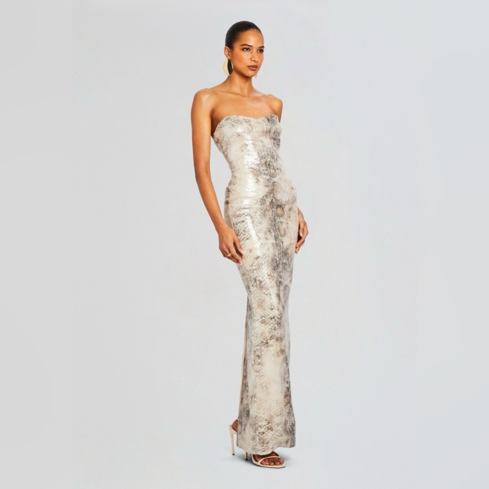 Retrofete Winslow Sequin Snake Print Strapless Maxi Dress